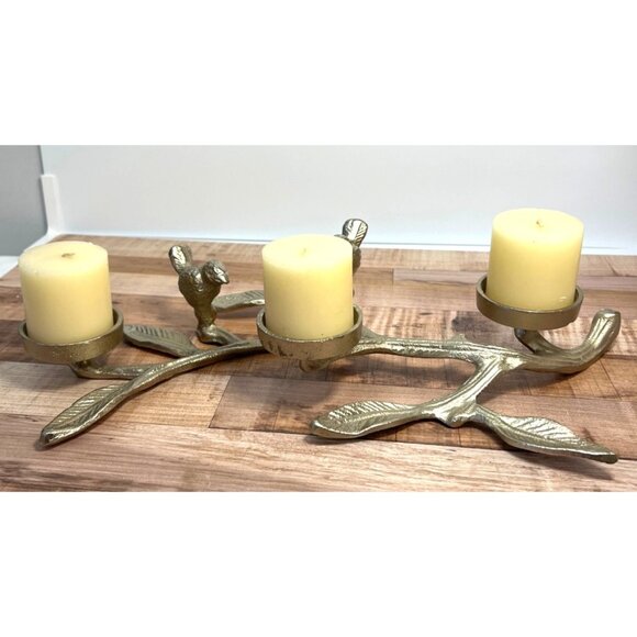 Gold Metal Bird-Themed Triple Candle Holder With Leaf Design - Picture 1 of 8